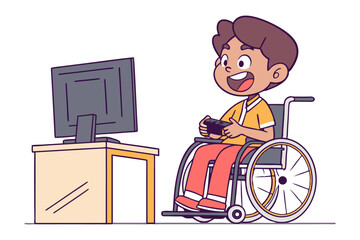 Joyful Gamer's Victory: A young person in a wheelchair engages in an immersive gaming experience, exuding pure joy and excitement while navigating a virtual world.