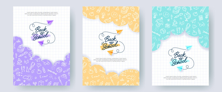 Set of colorful Back to School banners, checkered notebook backgrounds. Doodle pattern with school supplies, hand drawn logo and realistic paper planes. Creative templates for print, social media.
