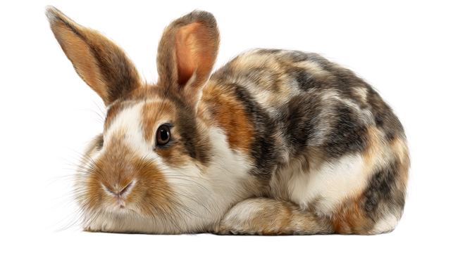 Resting Calico Rabbit, Hare Animal, Sitting Pose, Rodent, Portrait, cut out transparent