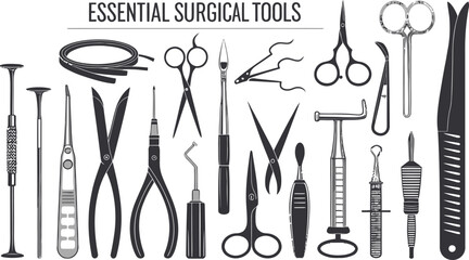 Collection of essential surgical instrument silhouettes for medical design and illustration