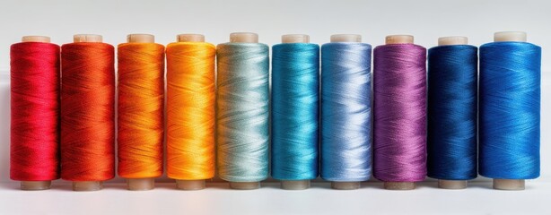 The colorful array of vibrant spools of sewing thread arranged in a line.