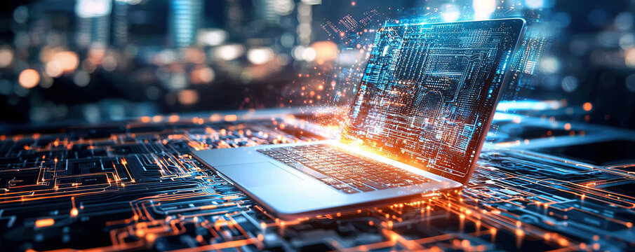 Futuristic laptop with glowing circuit board design symbolizes advanced technology and innovation in cityscape background. image conveys sense of dynamic energy and digital transformation