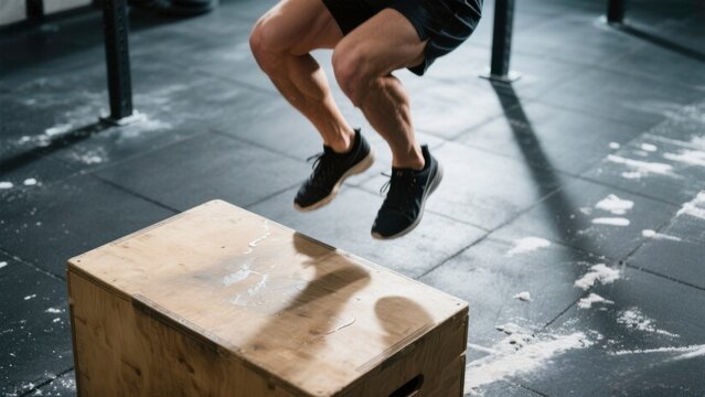 Athletic Man Jumping Over Wooden Plyometric Box in Gym Workout Space