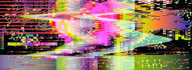 Neon glitch-art vector in abstract style. Dominated by pink, yellow, green, and cream, with horizontal pixel lines, gradients, and color blocks forming a chaotic, digital, and futuristic pattern.