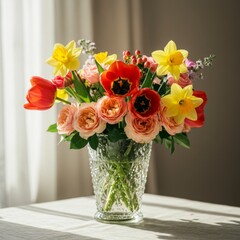 Fototapeta premium Vibrant Spring Bouquet of Tulips Daffodils and Roses in Glass Vase