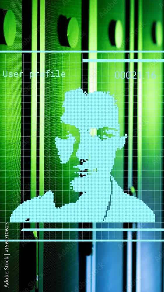 Poster animation of biometric photo and data processing over computer servers