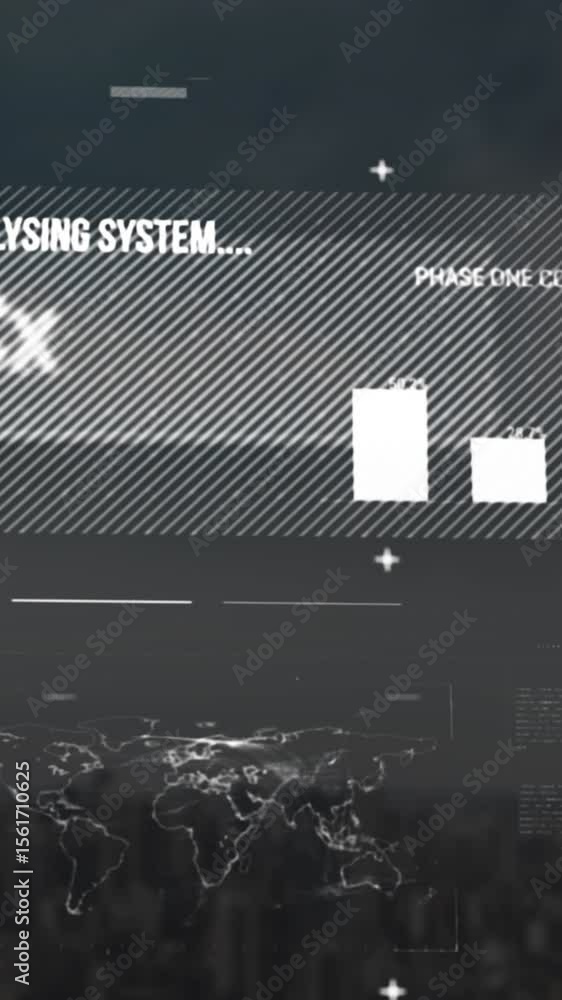Poster animation of interface with world map and data processing against aerial view of cityscape