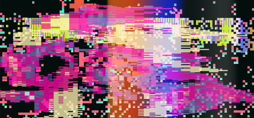 Bright glitch-art vector illustration, embracing digital abstract trend. Filled with hot pink, yellow, purple, and blue pixel blocks and rectangles, it bursts with erratic, energetic visual noise.