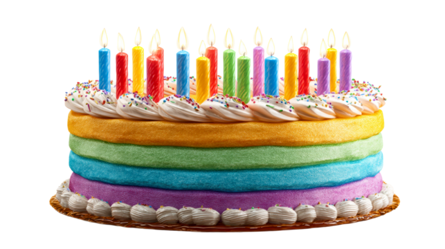 Colorful Layer Cake with Burning Candles, Cut Out Transparent