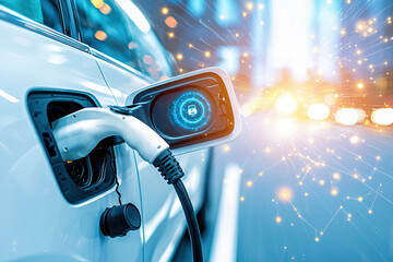 Electric vehicle charging with futuristic digital interface, showcasing innovation sustainable transportation technology. image highlights charging cable connected to car, symbolizing eco friendly