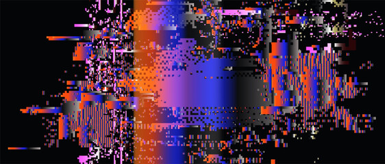 Futuristic glitch-art vector using popular digital abstract style. Neon bright pixel blocks, rectangles, and fractured lines create a dynamic, pixelated, and edgy visual effect.