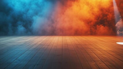 Creative studio setup with wooden floor, spotlights cutting through blue and orange volumetric smoke, adding depth and atmosphere for product launches, promos, and character placement