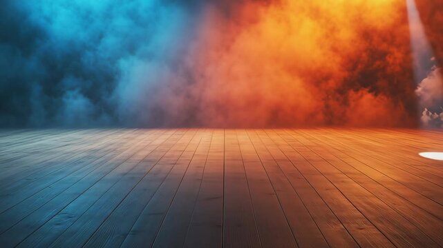 Creative studio setup with wooden floor, spotlights cutting through blue and orange volumetric smoke, adding depth and atmosphere for product launches, promos, and character placement