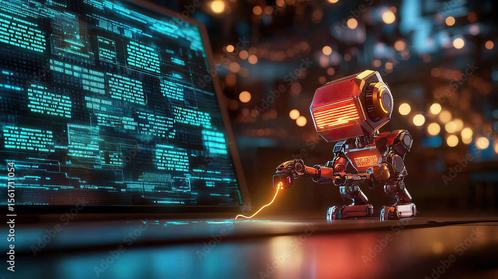Poster small humanoid robot interacts with glowing digital interface futuristic setting, showcasing advance