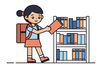 Girl Selecting Book at Bookshelf: A cheerful girl with a backpack selects a book from a well-organized bookshelf, radiating a love for reading and learning.