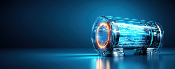 Futuristic energy core emits vibrant blue glow, surrounded by intricate circuitry patterns, symbolizing advanced technology and power. sleek design and luminous effect create sci fi atmosphere