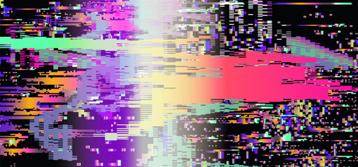 Bright glitch-art vector illustration, embracing digital abstract trend. Filled with hot pink, yellow, purple, and blue pixel blocks and rectangles, it bursts with erratic, energetic visual noise.