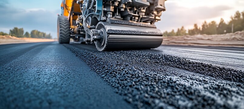Lifelike Road Construction with Asphalt Paver Machine Laying Smooth Surface and Branding Space Clearly Visible in Background