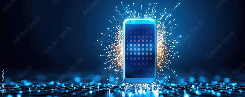 Poster smartphone surrounded by burst of glowing digital connections symbolizes advanced technology and con