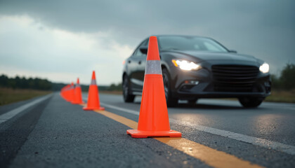 Driving school setup. Black car and orange traffic cones on asphalt road. Traffic safety, driver training, education. Clear road markings. Cloudy weather. Instructor lesson. Automotive industry.