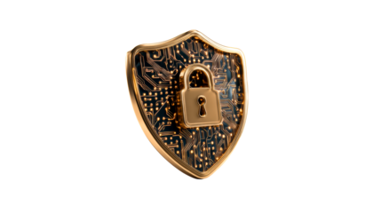 Golden shield with circuit board and padlock, cut out transparent