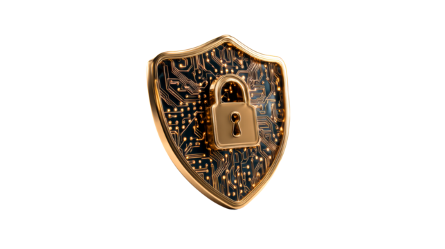 Golden shield with circuit board and padlock, cut out transparent