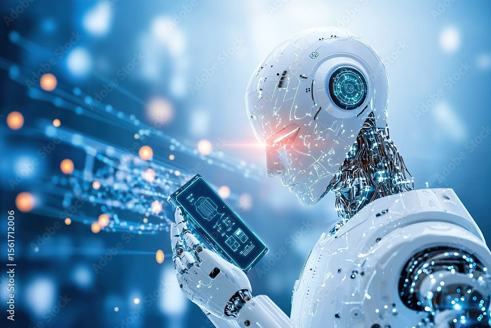 Poster futuristic ai robot examines high tech device, surrounded by digital data streams and glowing elemen