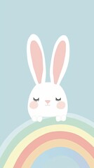 Obraz premium Cute Happy Bunny Sitting on Rainbow
