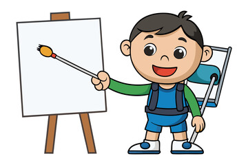 Happy Young Artist Painting: A cheerful young boy, brimming with artistic enthusiasm, stands proudly beside his easel, paintbrush in hand, ready to create his next masterpiece.