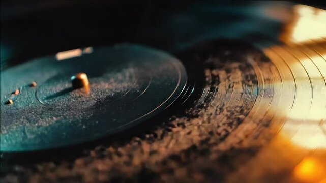 Records on a vintage turntable with needle, creating an audiophile experience. Musically rich.