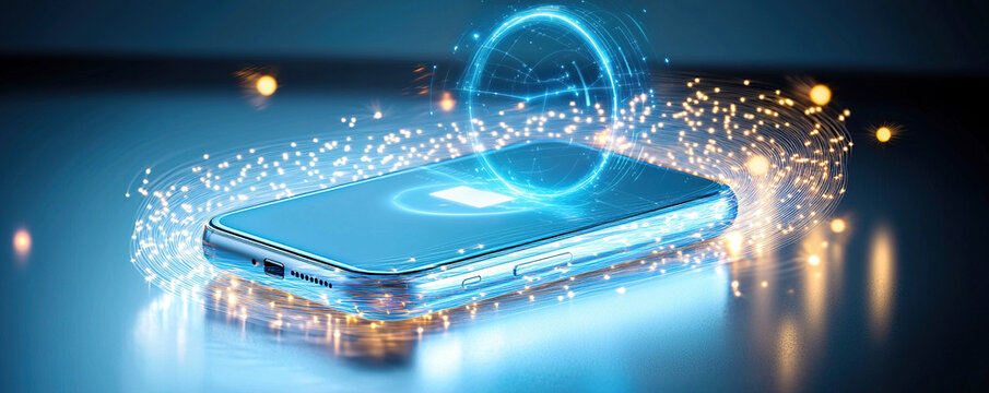 Smartphone on reflective surface is surrounded by digital holographic interface, emitting glowing particles and light trails, suggesting advanced technology and connectivity - Powered by Adobe