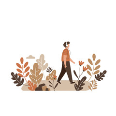 Young man walking among autumn plants in nature landscape  