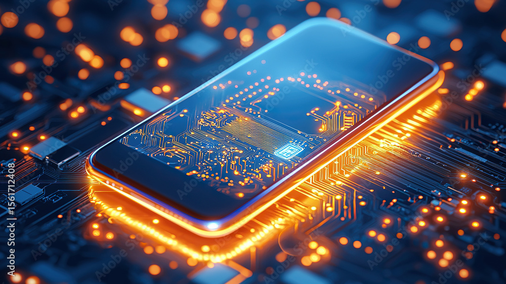 Poster smartphone with ultra thin battery is embedded glowing circuit board, showcasing ai driven technolog