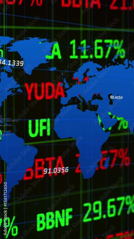 Poster animation of trading board over digits and computer language on map against black background