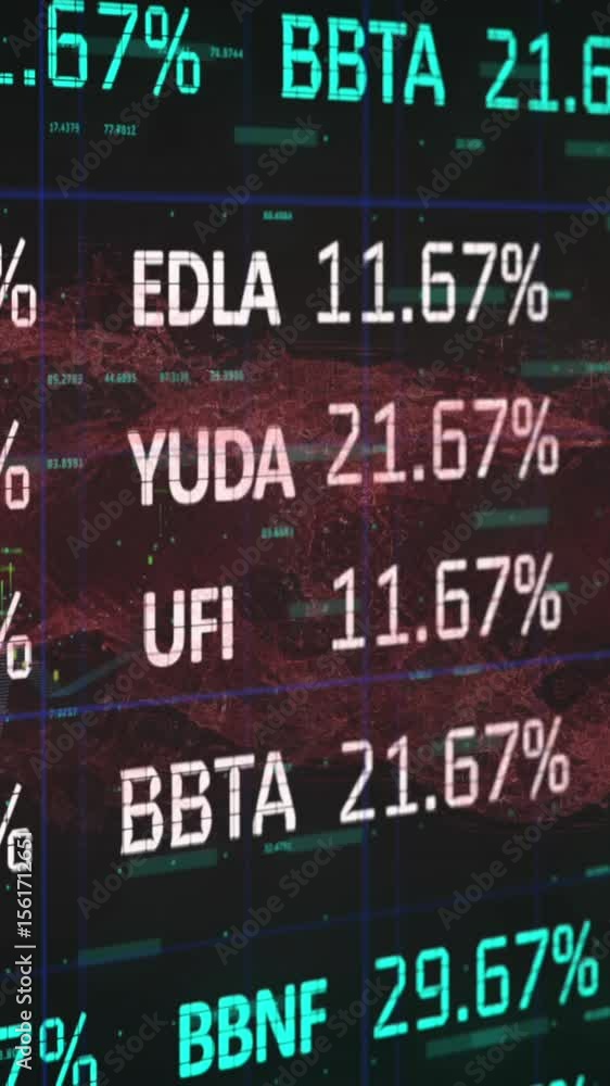 Poster animation of trading board over wave pattern, changing numbers and graphs on black background
