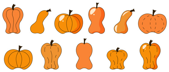 Pumpkins set isolated transparent background. Vector illustration of big collection of Autumn Pumpkin in simple flat style. Perfect Autumn element template design. EPS 10