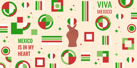 Viva Mexico banner. Modern Geometrical shapes background. Maxican independence day holiday banner. Vector illustration perfect for web and celebration Viva Mexico background.  EPS 10