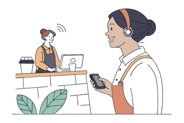 Barista's Digital Harmony: Two baristas, one at the counter and one using a smartphone with wireless headset, work together in a modern cafe.