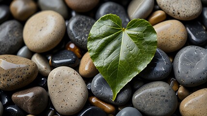 Single Heart Leaf Resting on Polished River Stone