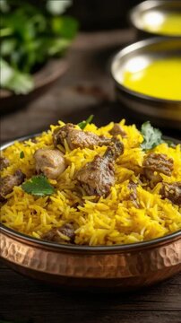 Indian curry rice with keema and various spices served in a copper cooking pot, offering a rich and savory meal.