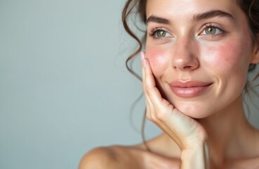 Young woman with rosacea gently touches cheek. Portrait face shows skin condition, redness, inflammation. Natural beauty look with no makeup. Ideal for dermatology, cosmetology, healthcare content.