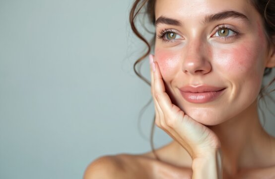 Young woman with rosacea gently touches cheek. Portrait face shows skin condition, redness, inflammation. Natural beauty look with no makeup. Ideal for dermatology, cosmetology, healthcare content.