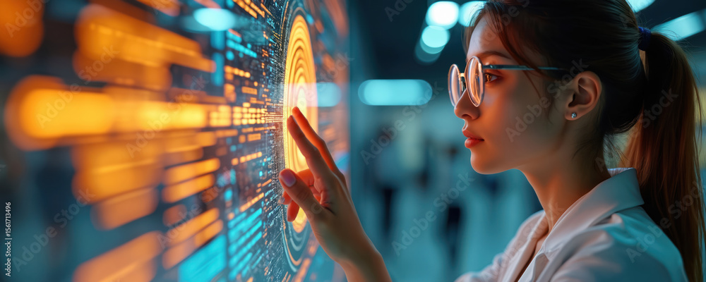 Poster woman interacts with futuristic glowing interface. analyzing data patterns. touching screen, digital