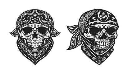 Black and White Skull Wearing Paisley Bandana Covering Face with Bold Detailed Silhouette in Unique Art Style