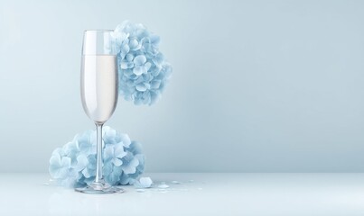 An elegant glass of champagne filled with golden liquid is beautifully placed between vibrant blue hydrangea blossoms, which include leaves and petals, on a soft and delicate background