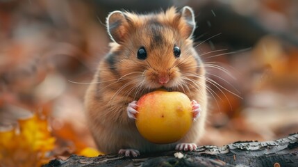 A delightful scene of a hamster nibbling on a tiny piece of fruit, with sharp focus on its whiskers and paws, set against a soft, neutral background.