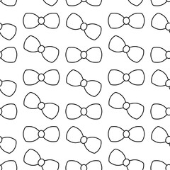 Bow. Chaotically scattered bows. Sketch. Endless vector pattern. Seamless ornament of cute bow ties. Isolated colorless background. Doodle style. Idea for web design.