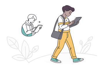 Person using tablet illustration: A young person walks while using a tablet, another person using a tablet in background is line drawing, illustration and clean art style.