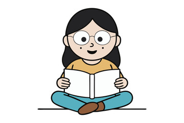 Enlightened Mind: A charming young girl with dark hair, sits cross-legged, engrossed in a book, her eyes sparkling with curiosity and imagination.