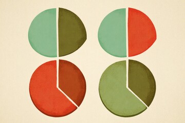 Four pie charts, arranged in a grid pattern, feature a mix of teal, burnt orange, and olive green segments.  Each pie chart displays a different proportion of these colors.  Vintage or retro style